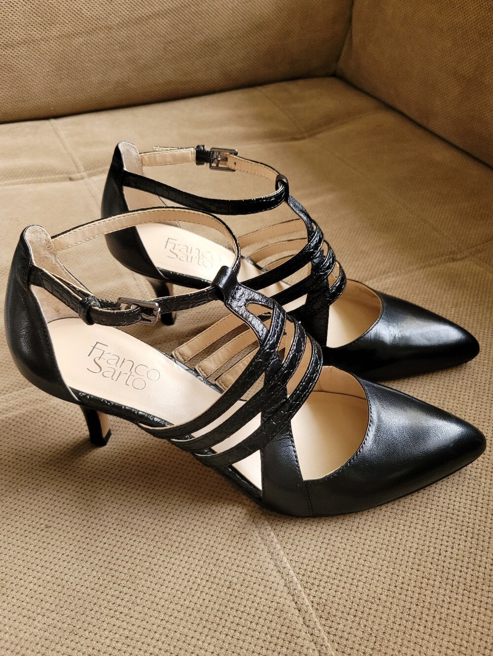 Franco Sarto Black Strappy Pointed-Toe Ankle Strap Pumps